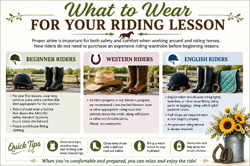 Riding lesson attire guide showing appropriate clothing, footwear, helmets, and attire for beginner, Western, and English riders at Trinity River Farm.